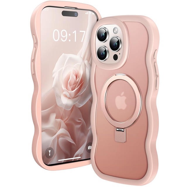iPhone 15 Pro 用 ケース ウェーブ MagSafe対応 マグネットスタンド かわいい うねうねフレーム 半透明マット背面 米軍MIL規格 耐衝撃 落下防止 ストラップホール付き おしゃれ スマホケース アイフォン 15 プロ カバー 「ピンク」