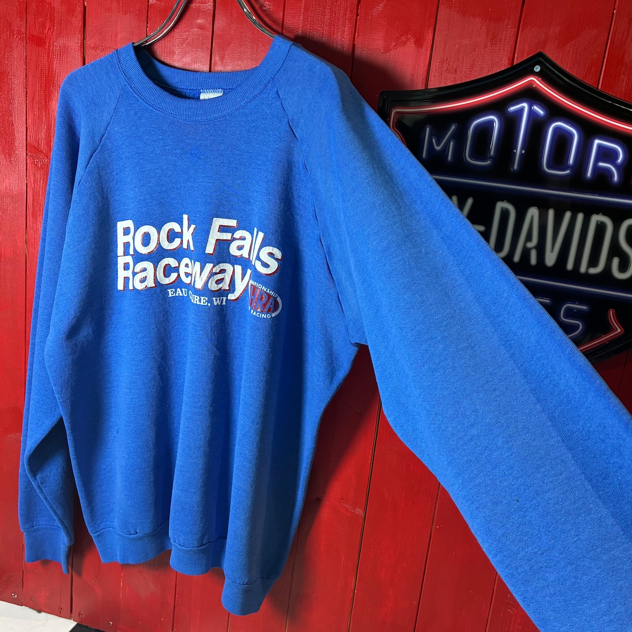 90s USA製 Fruit of the loom ラグランスウェット ドラッグレース NHRA 青