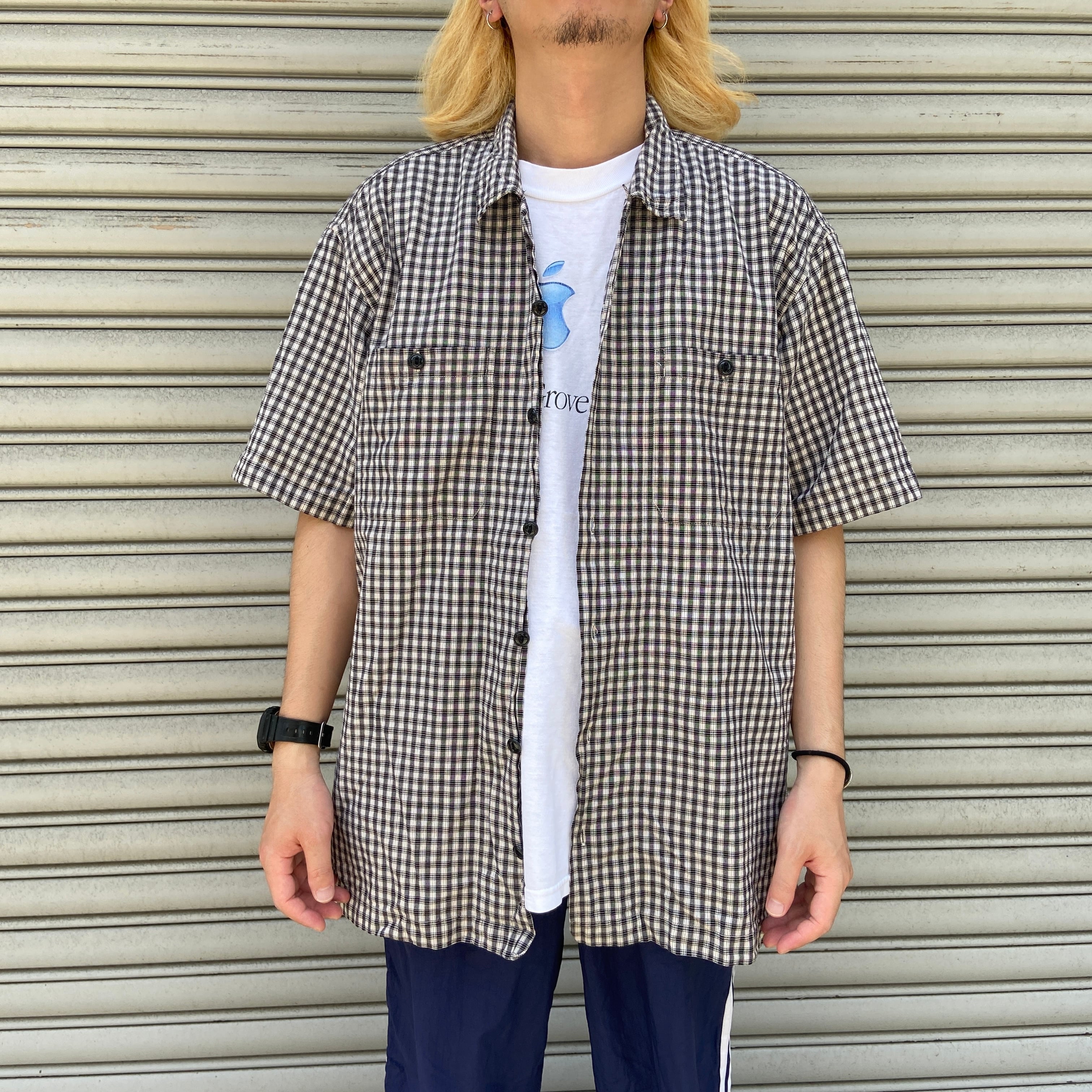 POLO JEANS チェック柄オープンカラーシャツ 半袖 開襟 ブラック L 