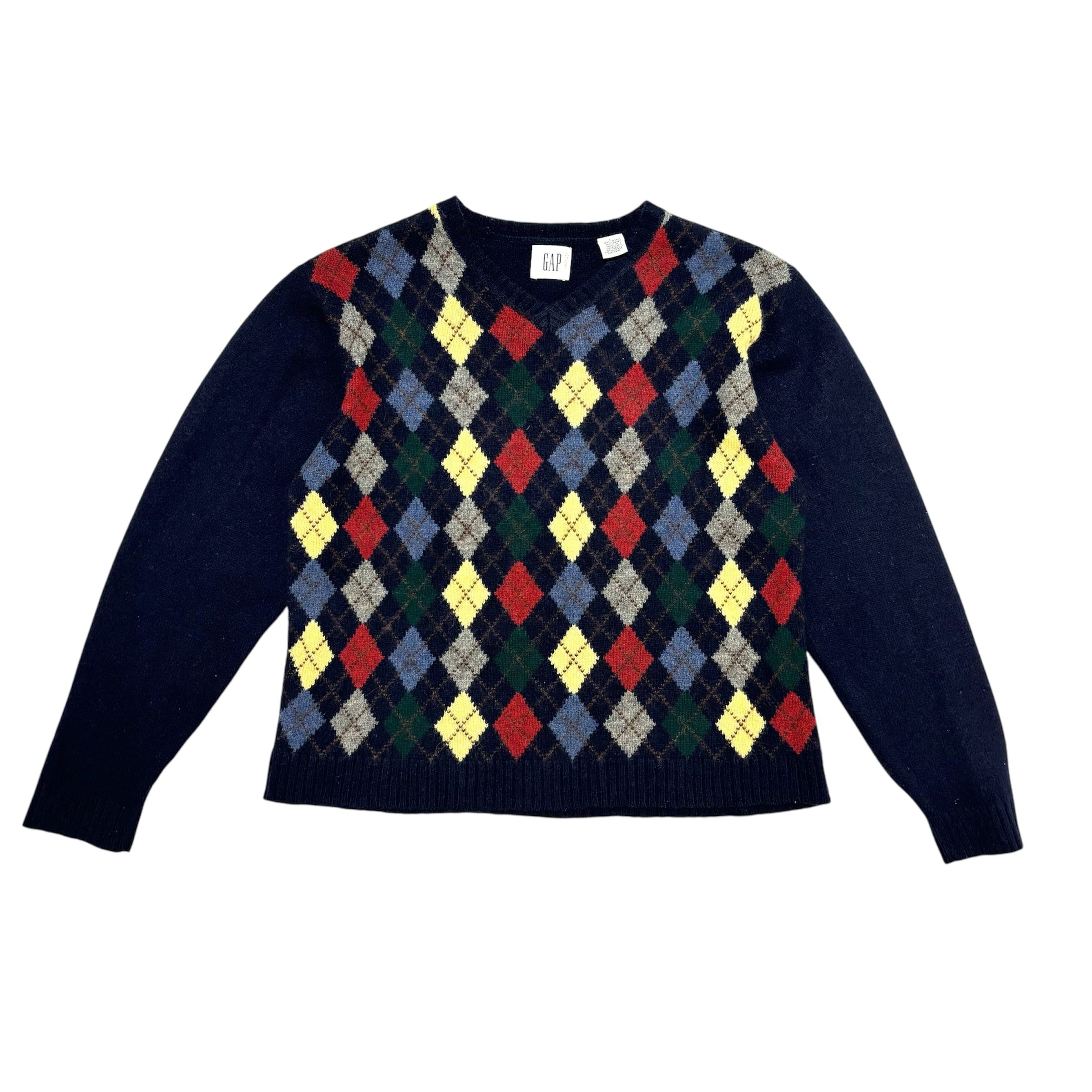 中古 オールド ギャップ old GAP ブイネックセーター クリーニング済み 00s ウール 紺色 ネイビー アーガイル柄 白タグ メンズ 実寸Mサイズ