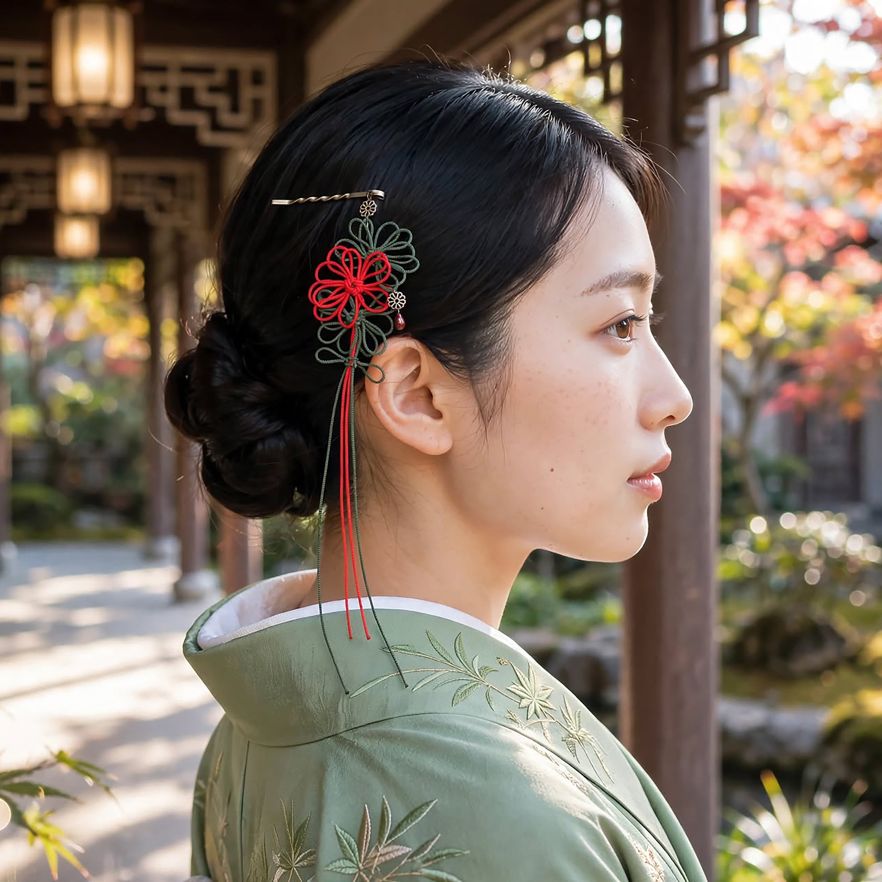 飾り結びヘアピン「陽の艶、日々に」(朱×深緑)【軽量快適】ショートヘアも簡単和風アレンジ。