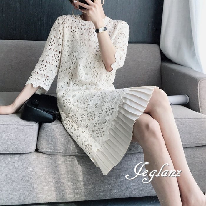 2色 レース ワンピース 切替 プリーツ パンチングレース 高見え エターナル(M6235)β