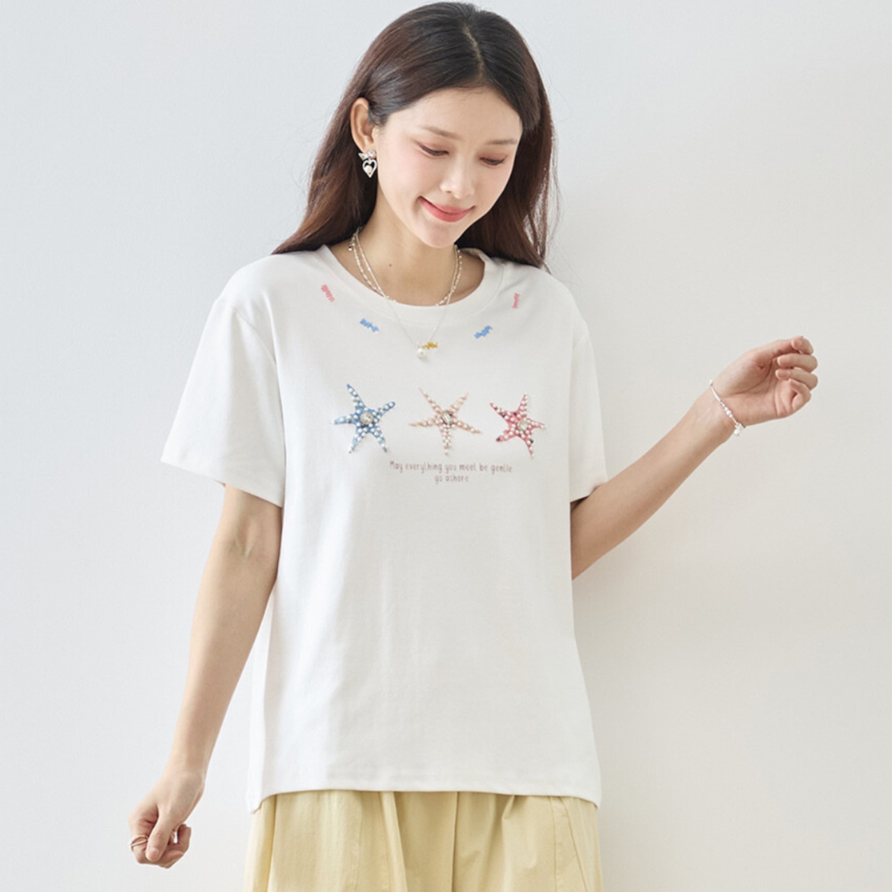 TRUBE ビジュパールデコレーションヒトデ3連プリント半袖Tシャツ【M~L】ホワイト