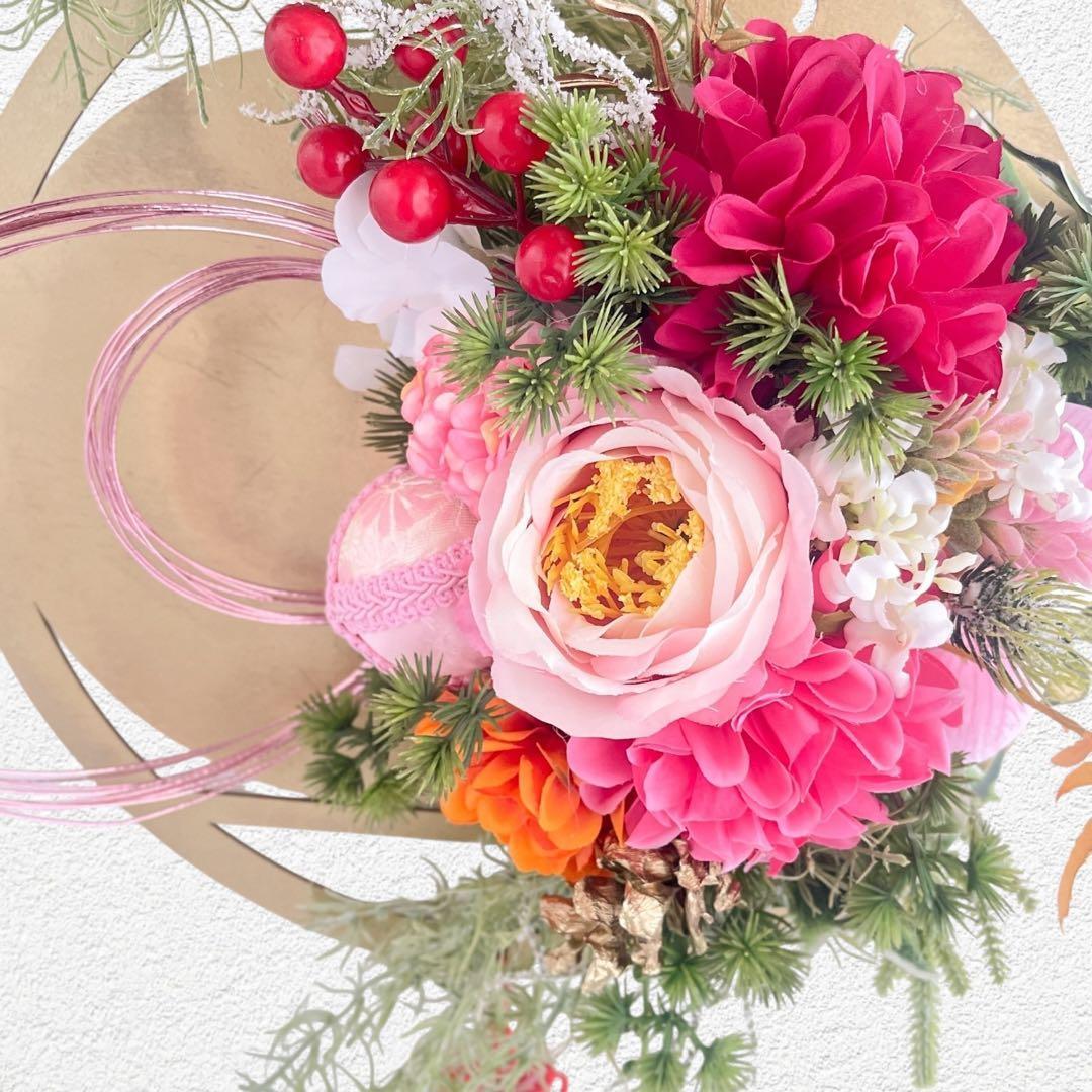 新年を彩る ピンクのしめ縄リース 正月飾り 造花 しめ縄飾り しめ飾り