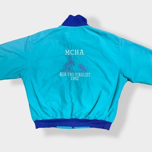 【wiman】 90s ブルゾン ジャケット ジャンパー フルジップ スナップ 刺繍 バックロゴ ストライプ ワンポイントロゴ エメラルドグリーン 切替 US古着