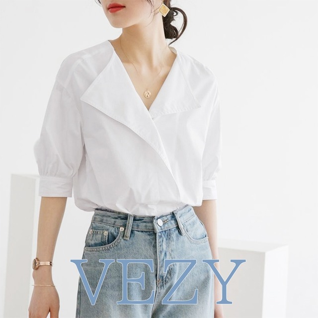 シャツブラウス 半袖トップス Vネック きれいめ 大人可愛い シャツ オフィスカジュアル 薄手シャツ 通勤OL エレガント 無地カットソー シャツ ブラウス ベジー VEZY ItemNo.【19170645 】