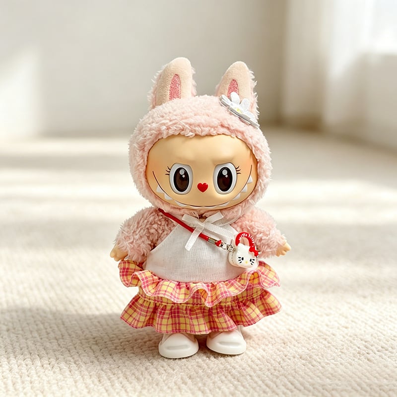 Labubu 1-3世代対応 かわいい 夏 チェック柄ワンピース+チャーム+靴