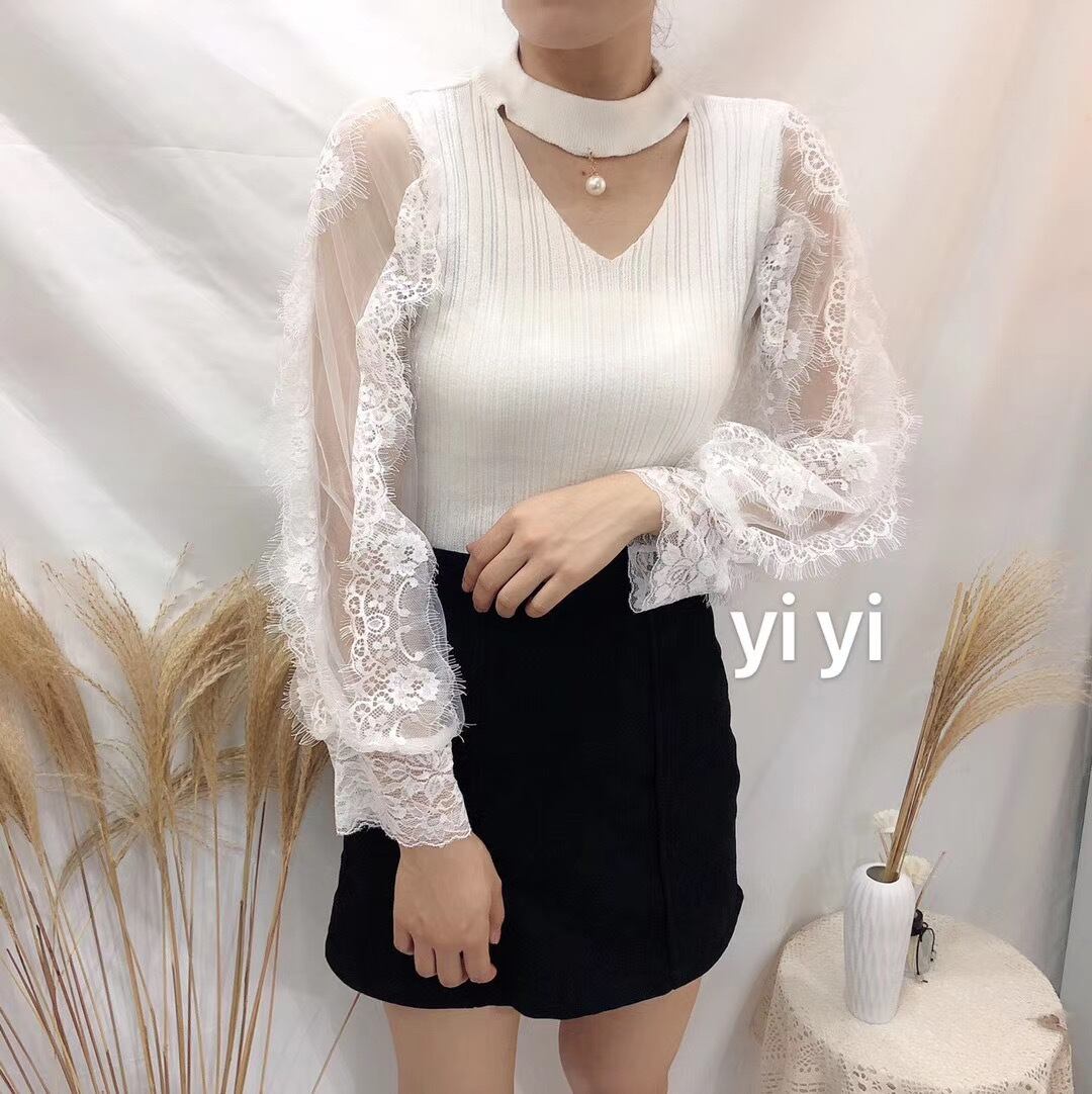 チュール袖Vネックニット