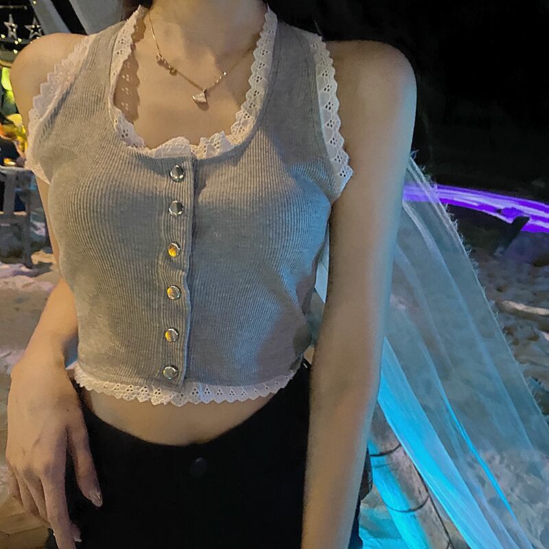 レースの小さなスリングの女性の夏のスリムなショートホルターノースリーブベスト ブラックストロベリース90450810237