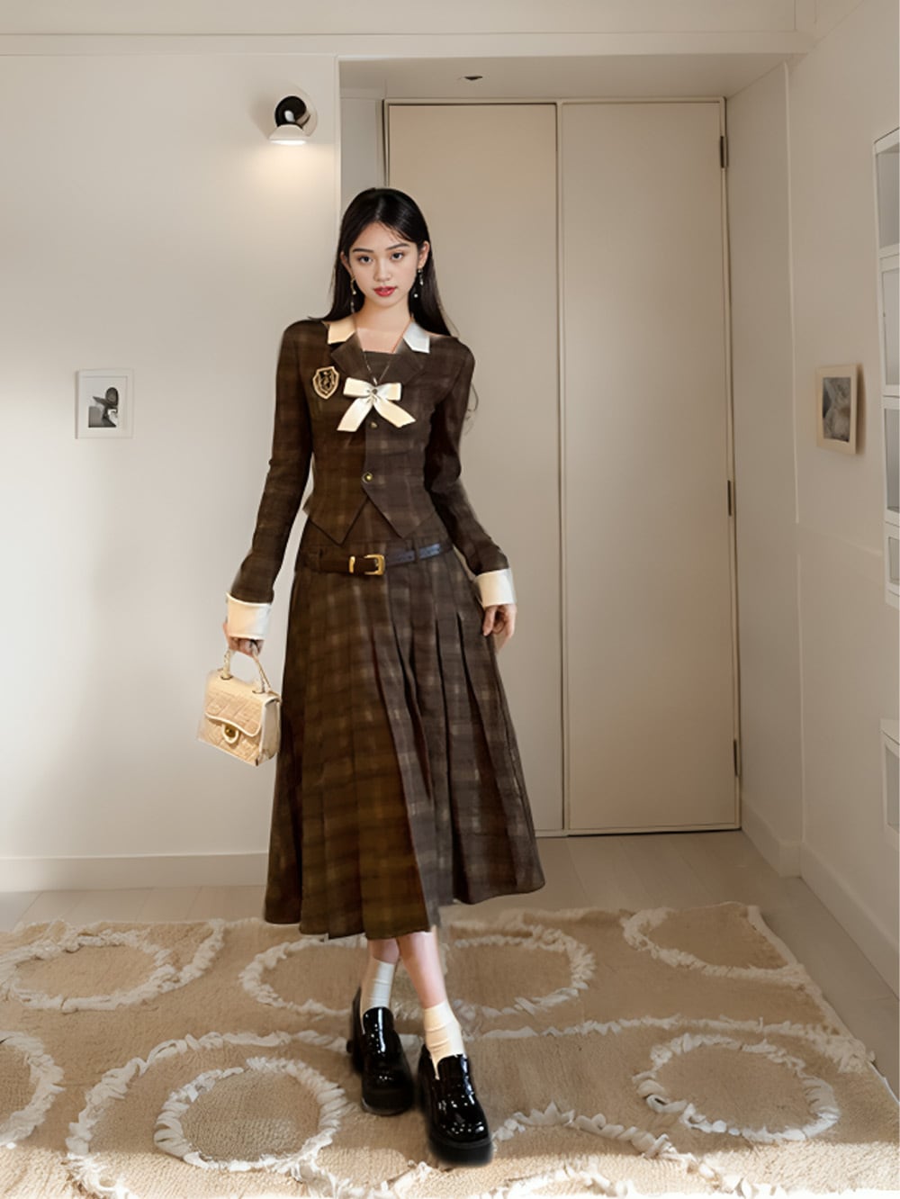 ツータイプブラウンチェックベルテッドセットアップ | 韓国/ワンホン