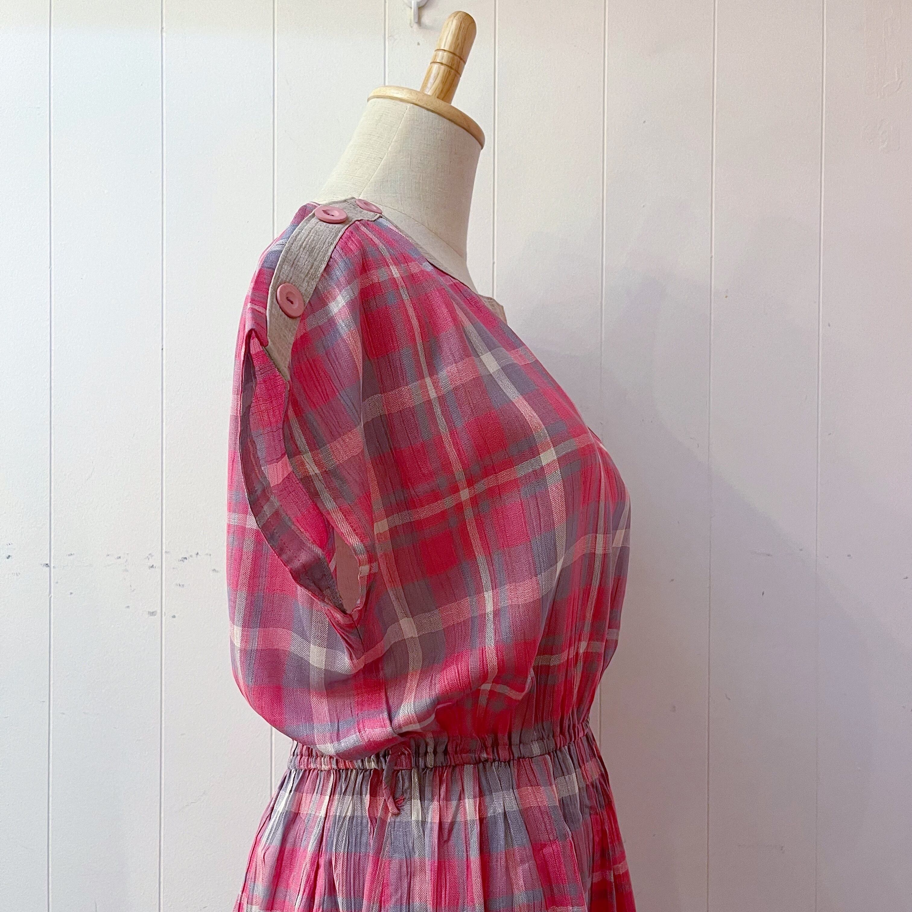 pink gray check button one-piece