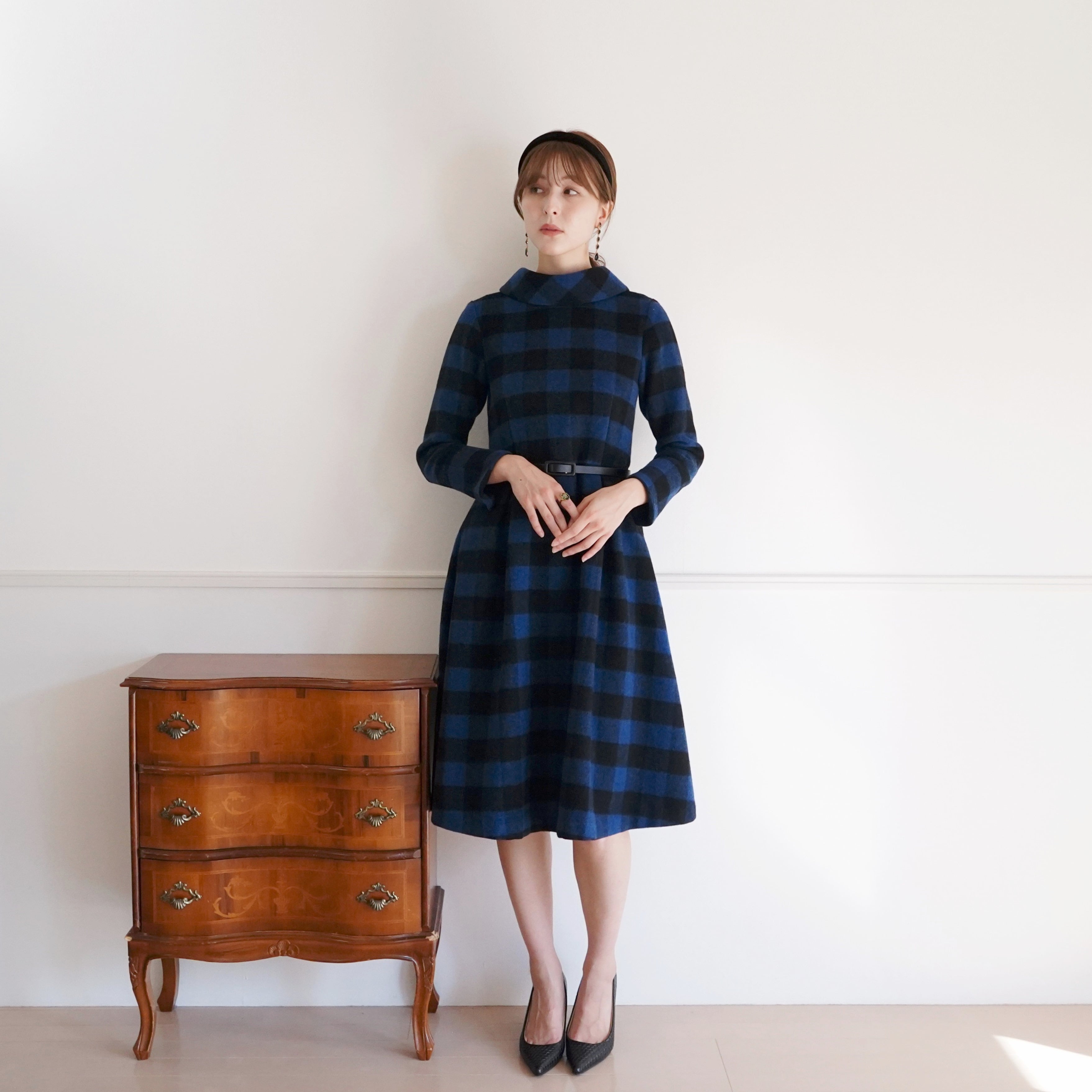 【美品☆】BLUE LABEL チェック柄 ロングワンピース 38 Winter check roll collar dress 冬のチェックロールカラーワンピース