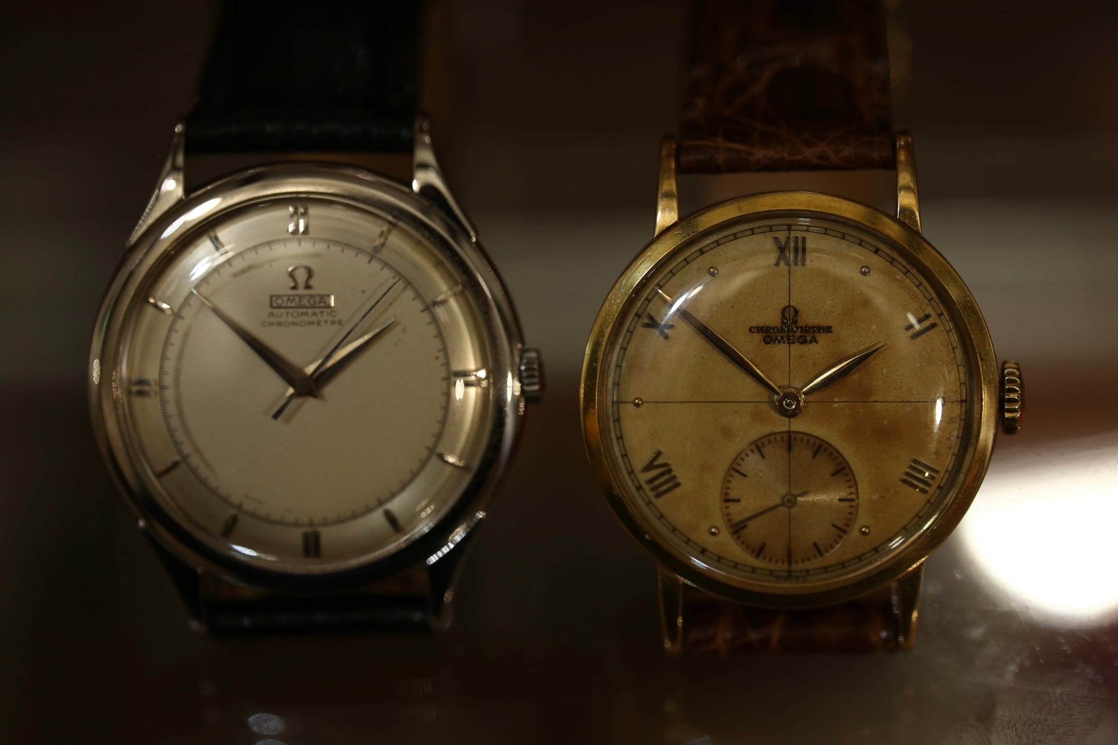 風防劣化14kオメガクロノメーターcal352 OMEGA】 1940's オメガ クロノメーター ”METAL PLATE” DIAL ハーフ