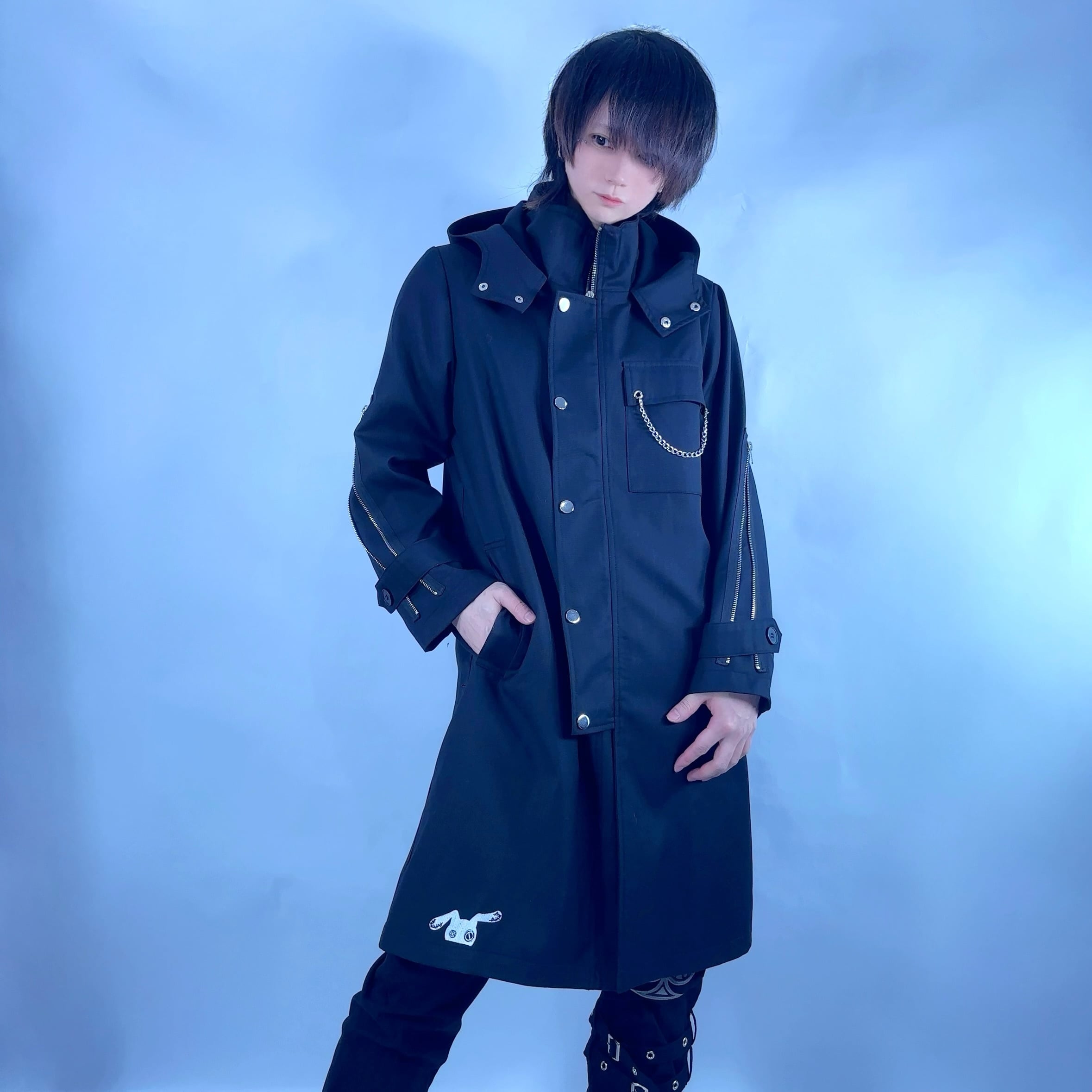 フード付きBLACK HIGHNECK SPRING LONG COAT【ひょっこり刺繍入り