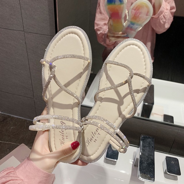 ワンワードスリッパレディースアウターウェア2020夏の新しいオールマッチラインストーンファッションインタイドツーウェアフラットサンダルとスリッパ 部族の婦人靴89143226235