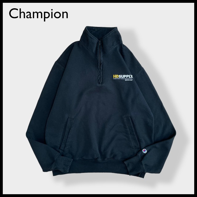 【champion】企業系 刺繍ロゴ HD SUPPLY ワンポイント ハーフジップ スウェット プルオーバー M チャンピオン 黒ボディ US古着