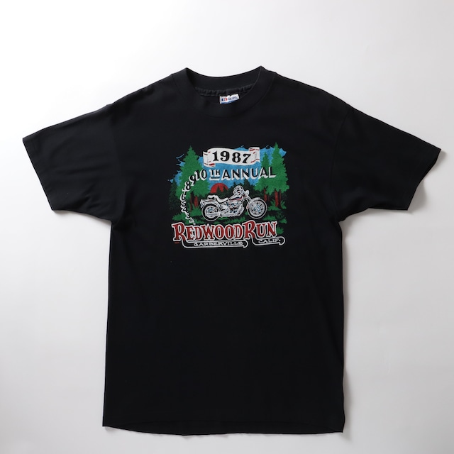 【希少】80s VINTAGE  T-SHIRTS ヴィンテージ プリントTシャツ Hanes  ヘインズ  REDWOODRUN バイク プリント 半袖 トップス ビッグサイズ ブラック サイズL USA製