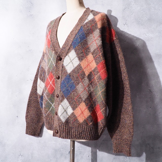 Colorful argyle check × nep design vintage loose knit cardigan ( made in Ireland )