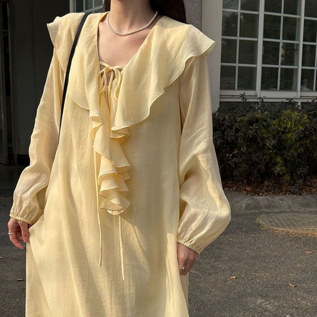 ruffle frill v-neck long one-piece　J00532