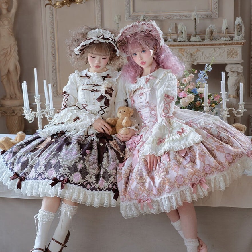 甘ロリ｜テディベア柄フリルJSK（ピンク・ブラウン）お茶会向け