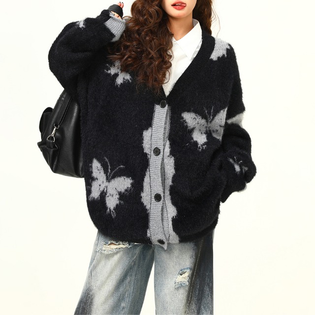 ボタンフロント ヒップ丈 オーバーサイズ ニットカーディガン ◆col