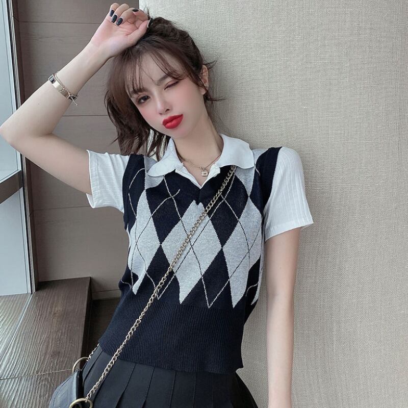 スタイルニットセーター Vネックショートトップス ハンチェンe16964013487