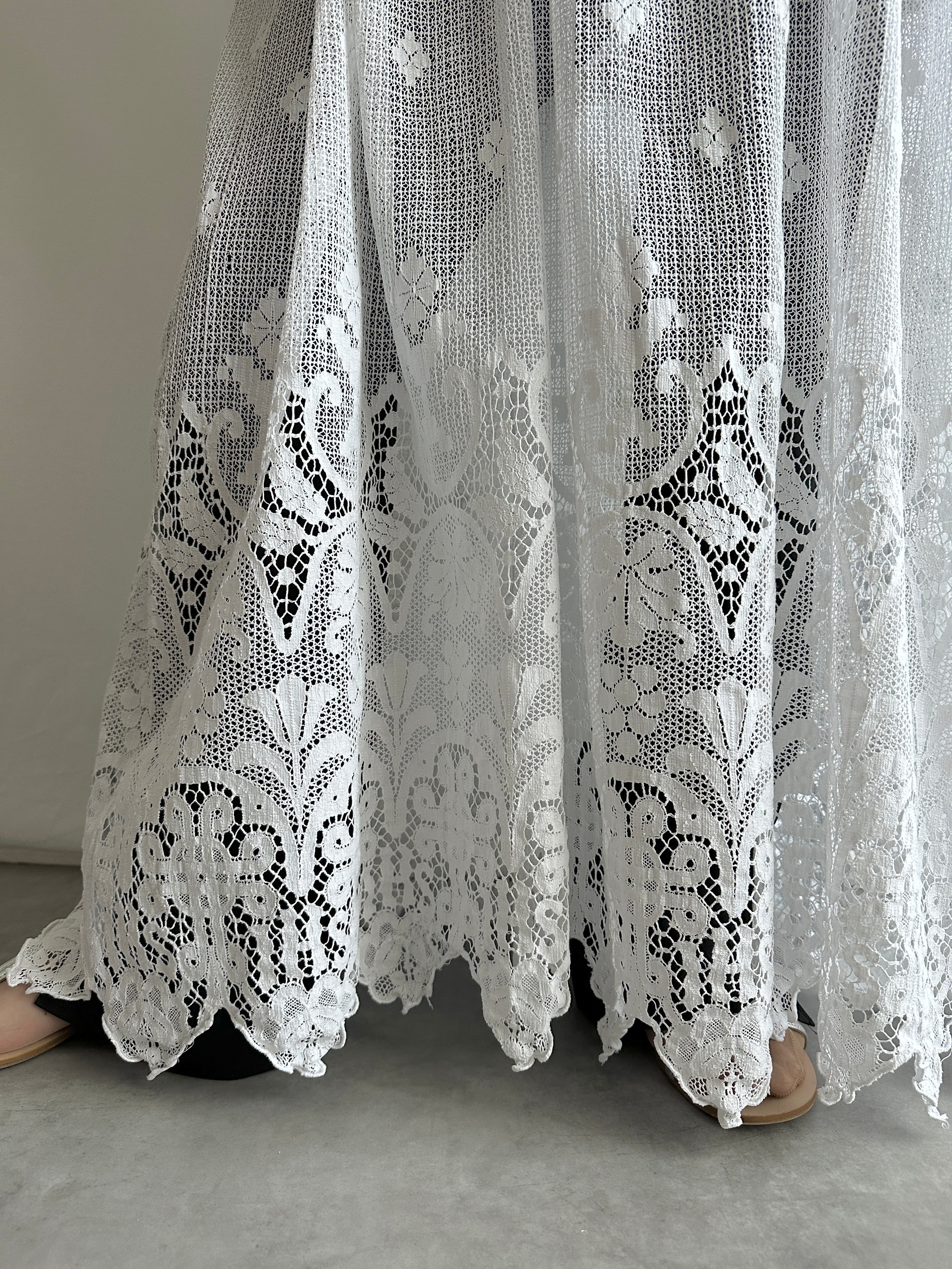 チャーチスモック フラワーリーフデザインレース フランスアンティーク  