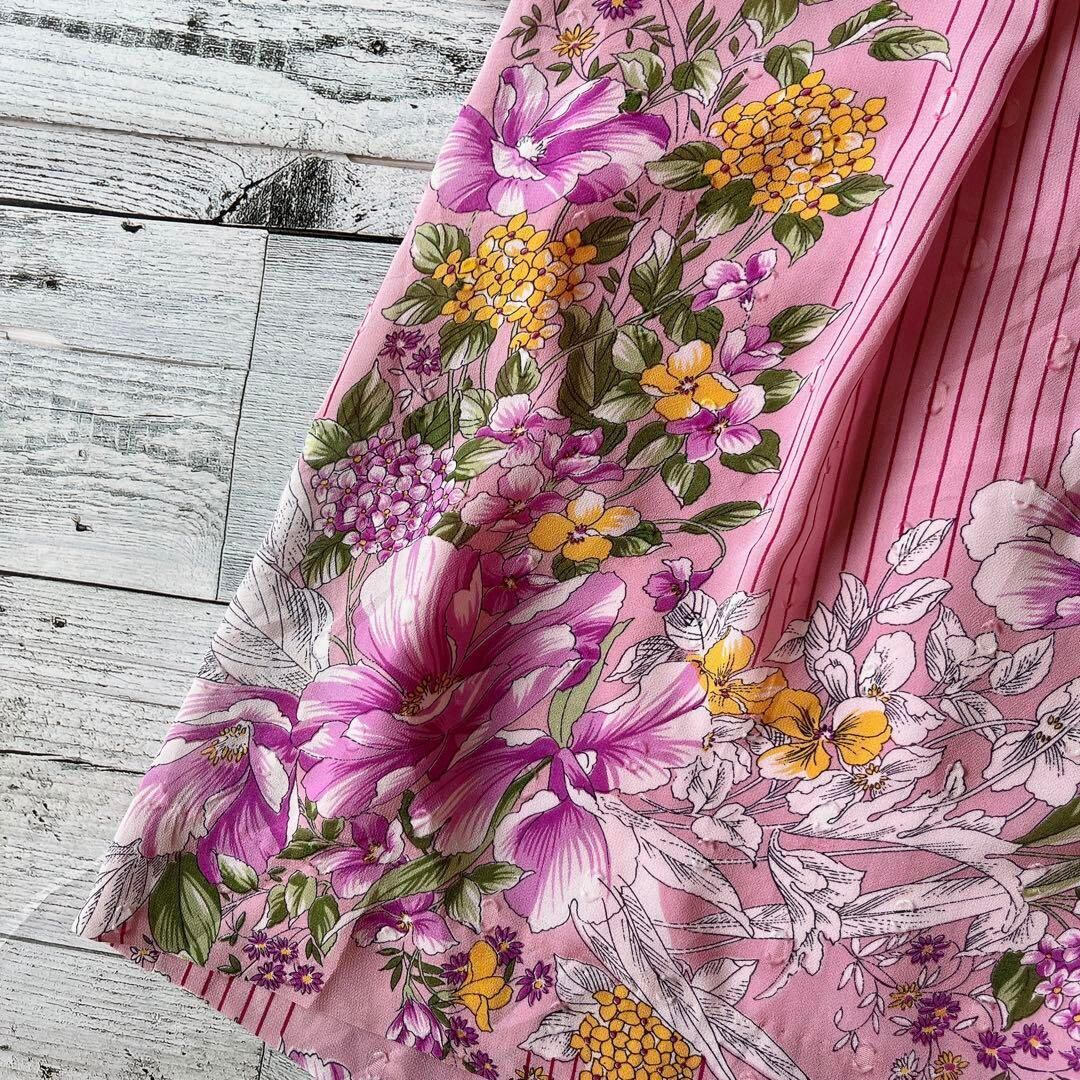 昭和レトロ花柄長袖ロングワンピースベルト付き透け素材ヴィンテージ  