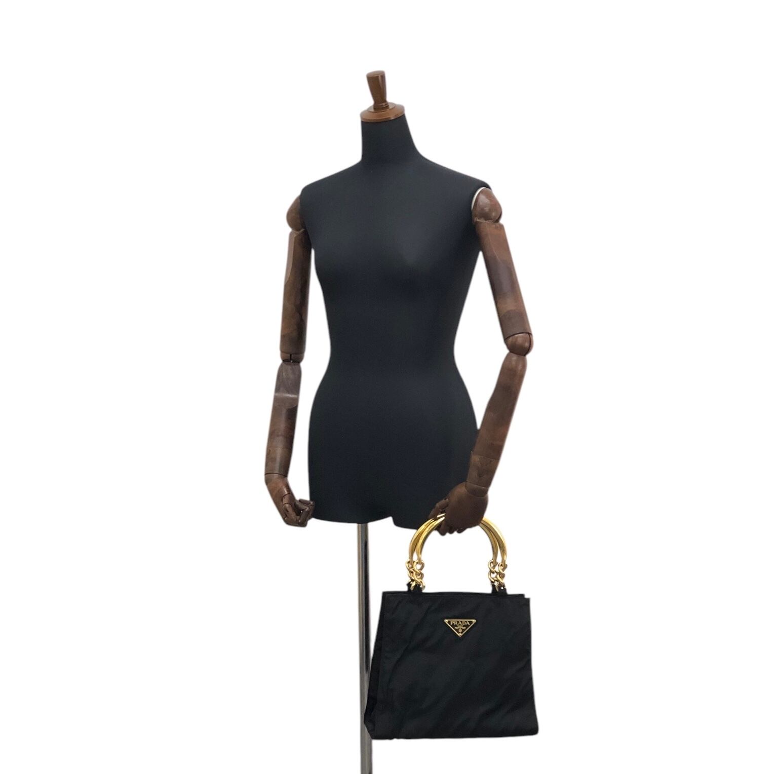 【極美品】PRADA プラダ メタルハンドル ナイロン ハンドバッグ 希少 廃盤 PRADA プラダ ハンドバッグ ブラック トライアングルロゴ ナイロン