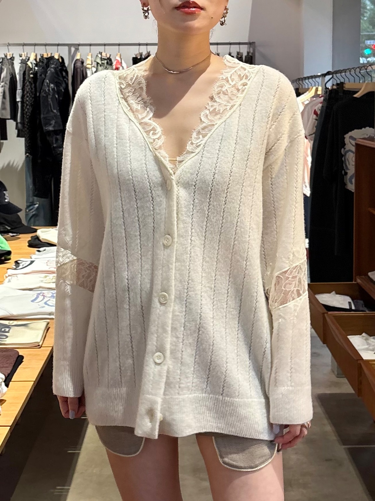 【26AW】FETICO フェティコ / カーディガン / OVERSIZED HAIRY LACE PANELED KNIT CARDIGAN - 1