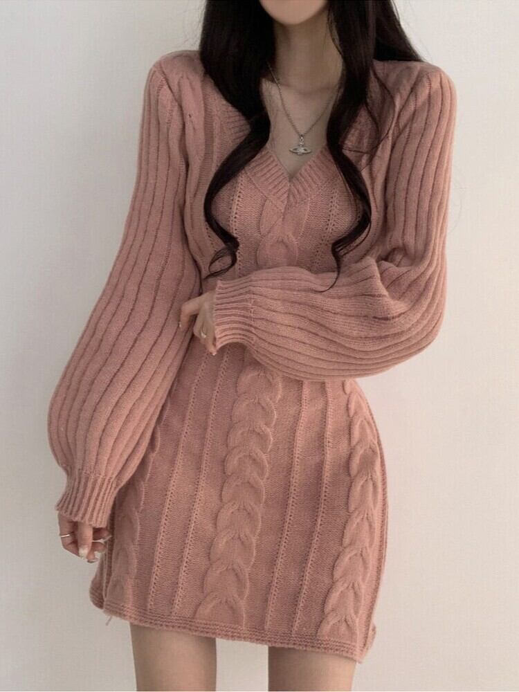 バブルスリーブ ケーブル編みミニニットワンピース | Lily Boutique