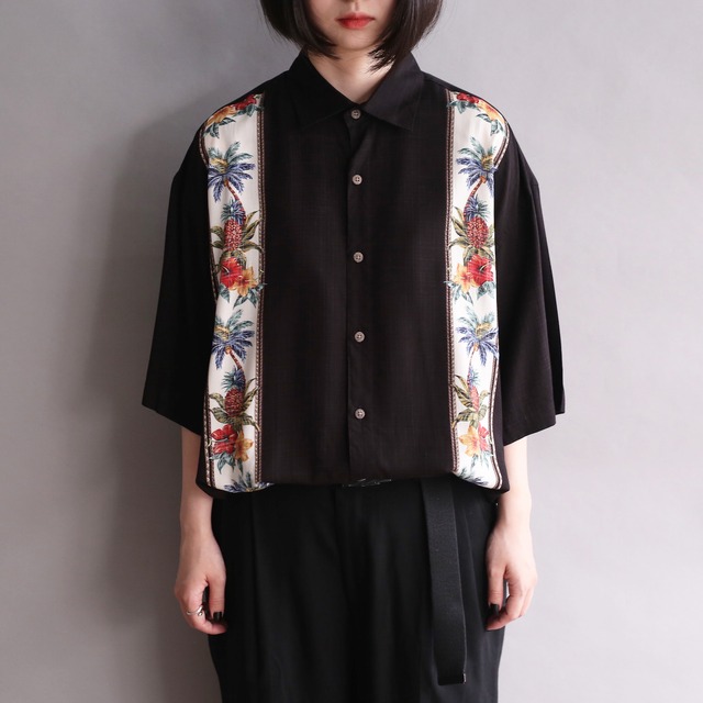 line art botanical design h/s rayon shirt