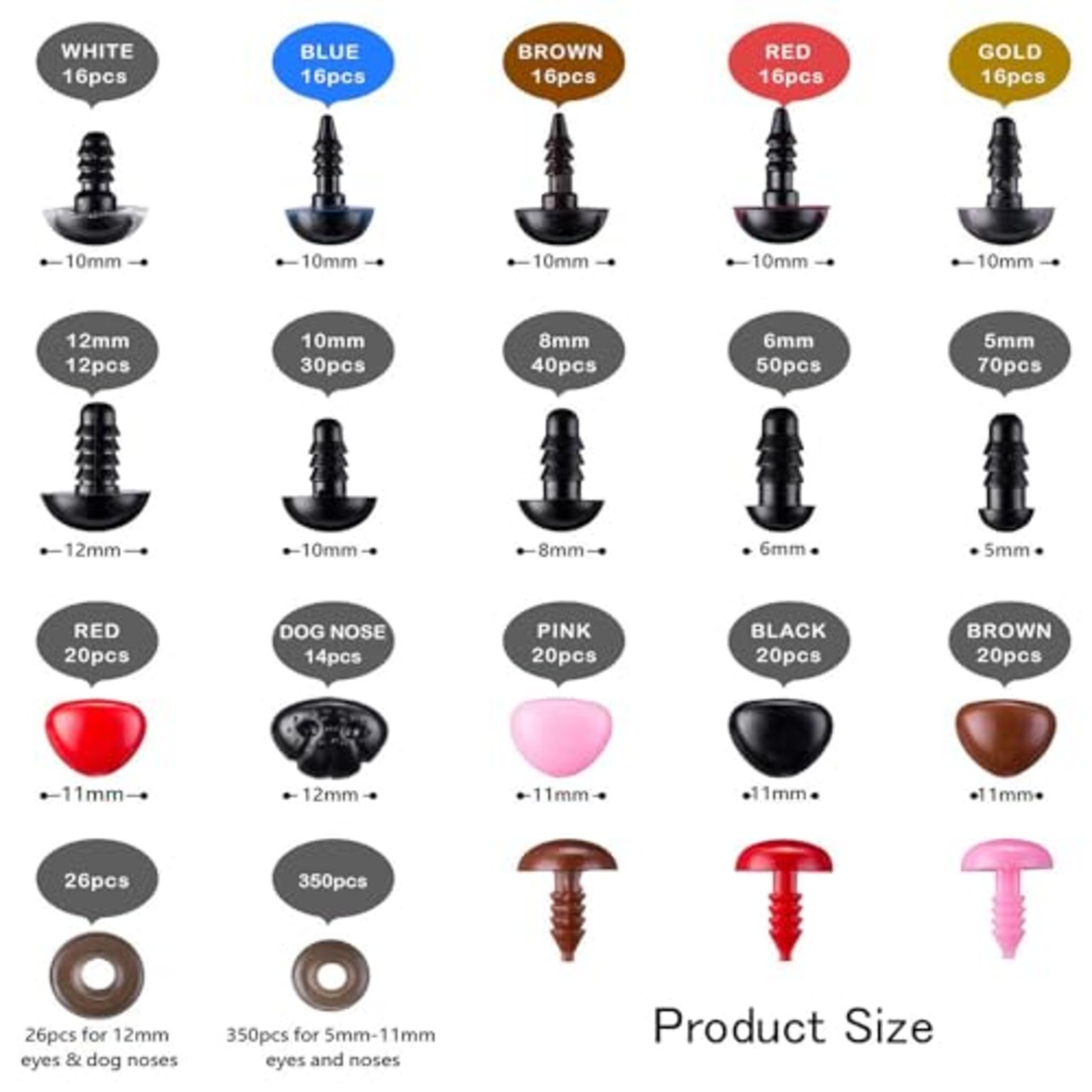 MOMI ぬいぐるみ 目 パーツ 目玉 パーツ さし目 ドールアイ さし鼻 動物鼻 手芸パーツ 手作り DIY 縫製 パーツ 材料 黒目 動物 人形 おもちゃ 752pcs 多色 （5mm/6mm/8mm/10mm/12mm）