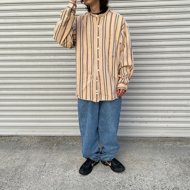 『送料無料』90s Tommyhilfiger ノーカラーマルチストライプシャツ　XL