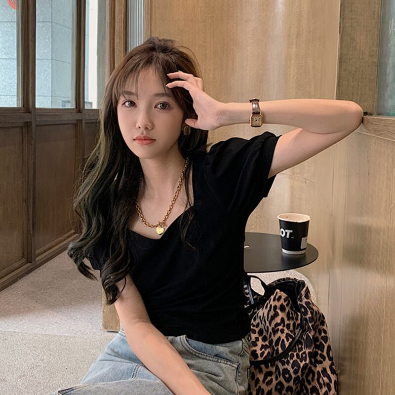 ブラックショートスリーブTシャツ サマーカラートップス ドレス 夏物 スクウェア 試着室57500029085