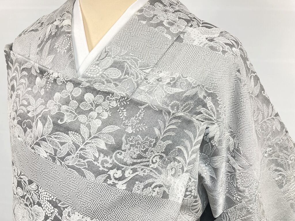 単衣】山岡古都 訪問着 染織美術品 御召し 天目織 花柄 正絹 白 黒
