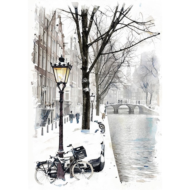 絵画 オランダ 風景画(街並み)  アムステルダムの運河 インテリアアート額付き 水彩画・油絵調 WAT0442