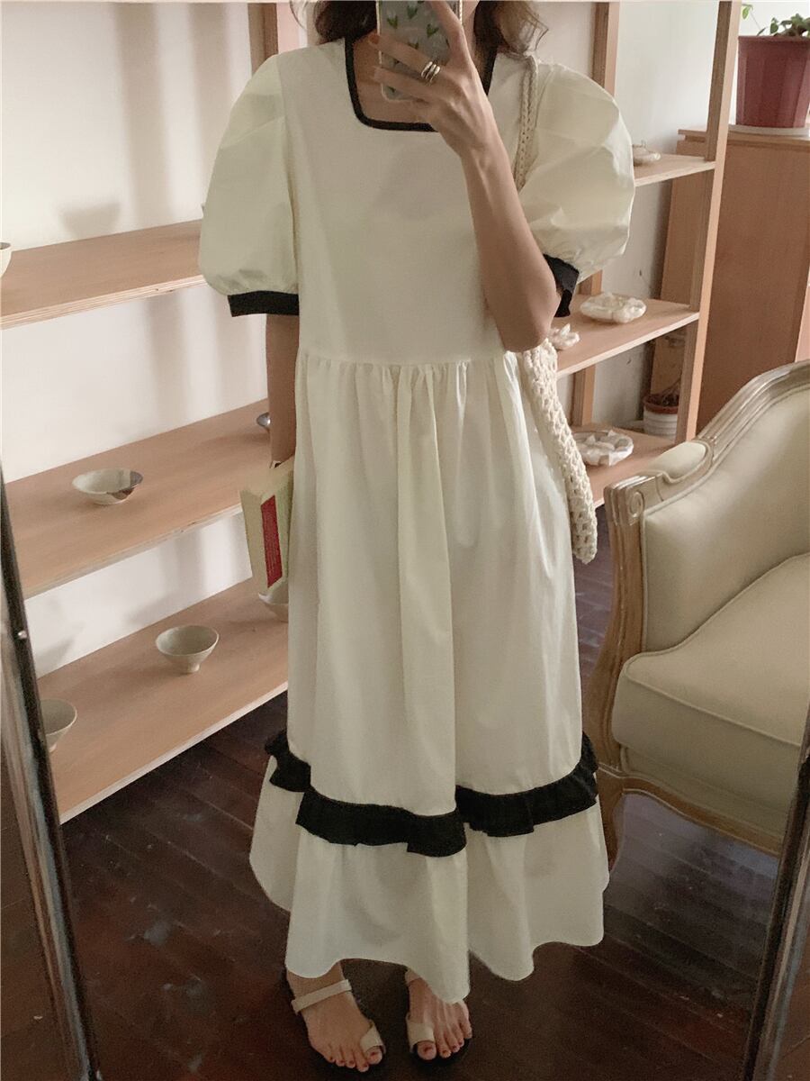 ストライプスリーブドレス サマースタイルプリーツウェスト薄手Aライン 夏物 ビッグFスモールZ韓国41003197011