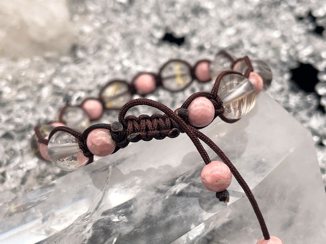 編みブレスレット（ルチルクォーツ・インカローズ）