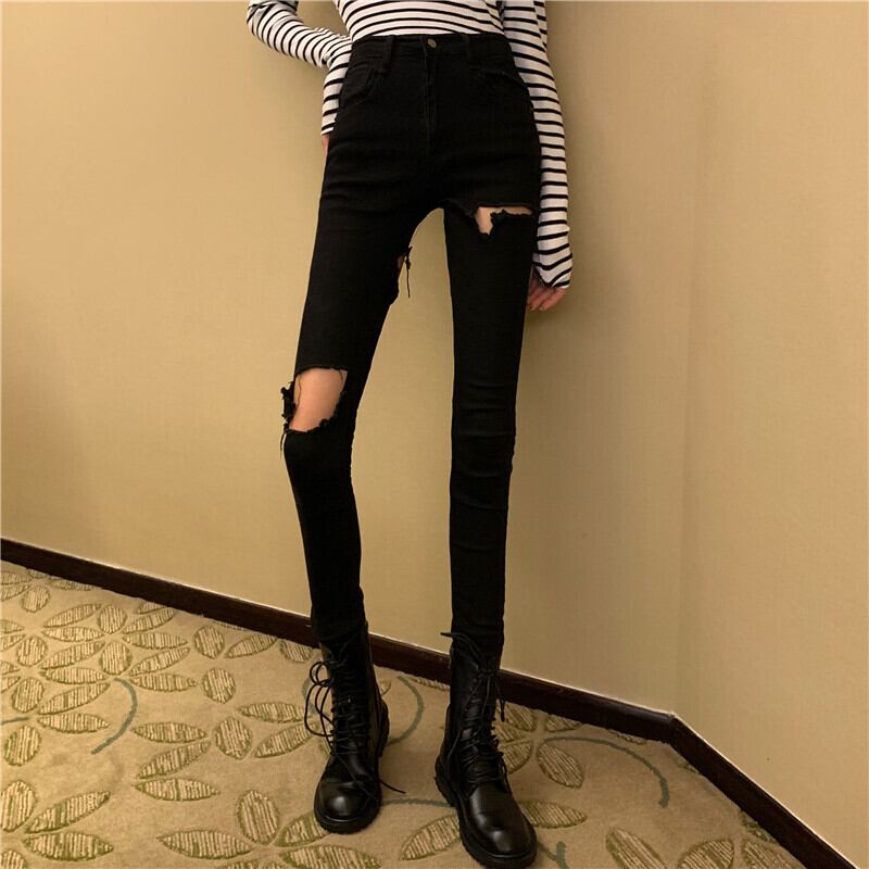 ウエストリッピングブラックジーンズレディース秋タイトフィットシンペンシルパンツ2020新薄パンツ ブラックストロベリース16725175974