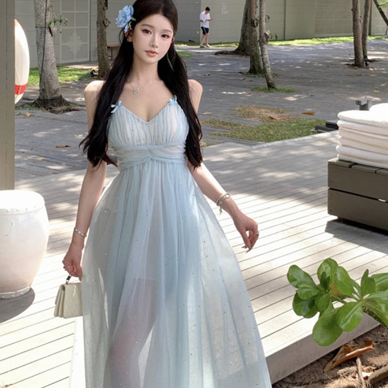 ロングドレス キャバドレス サンドレス セクシー チュール キャミワンピ セクシー Vネック ビーチ リゾートDQ2-XB7-337-30830780