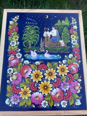 【池のほとり、柳のそばで】ペトリキウカ塗り　壁掛け手描き絵画（ヴァレンティナ・ホメンコ）
