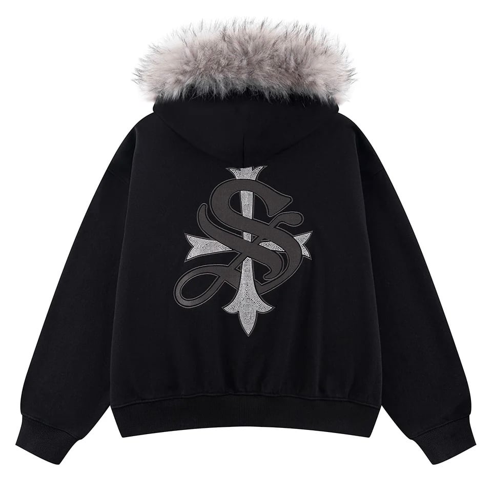 supplier】Multiple Cross Rhinestone Zip Hoodie / BLUE