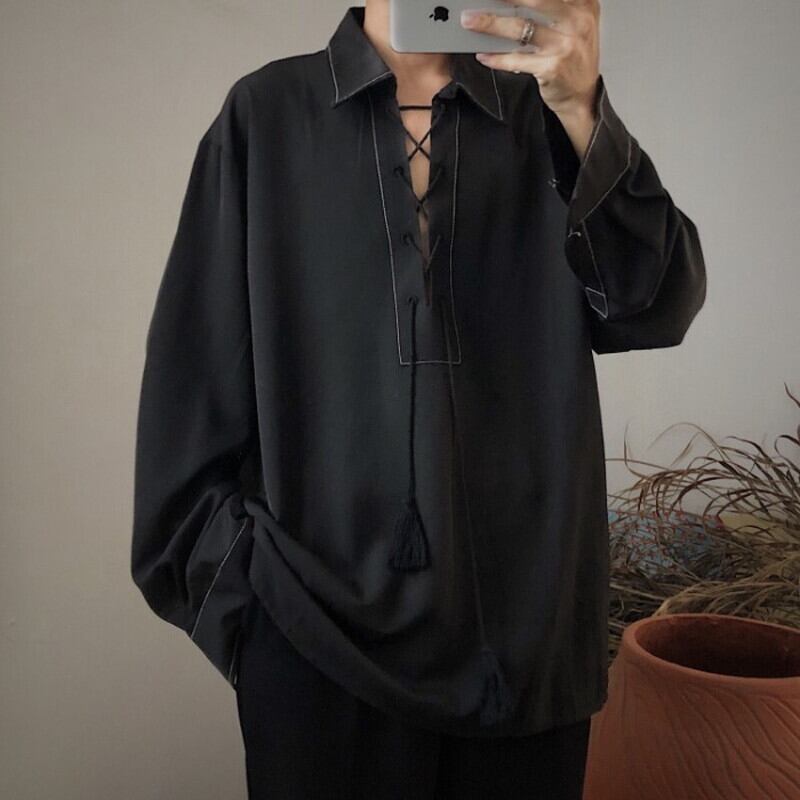 サブカル 服 地雷系 通販 ゴシック 黒 シャツ デザインシャツ クロスアップ ステッチ ユニセックス 20代 30代 オルチャン