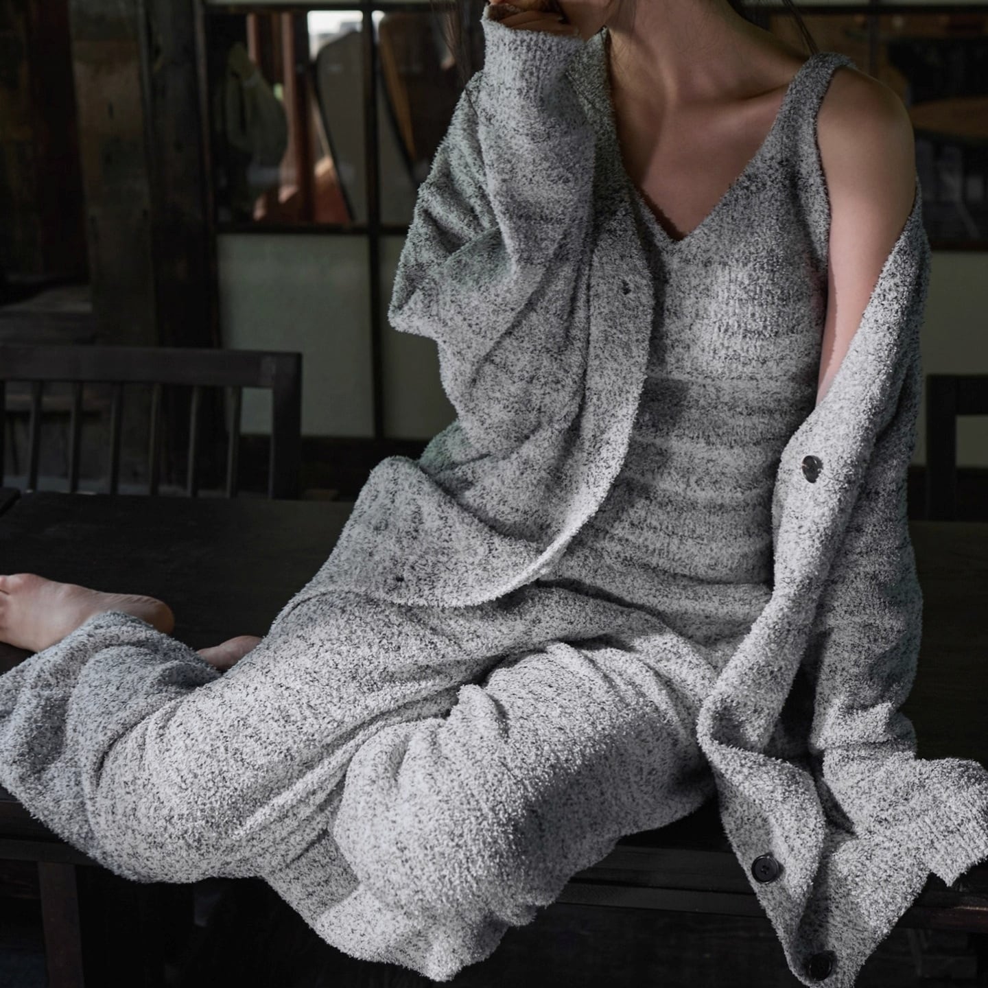 訳ありSALE【3piece】【M-XL】warm camisole+cardigan style pajamas p1590