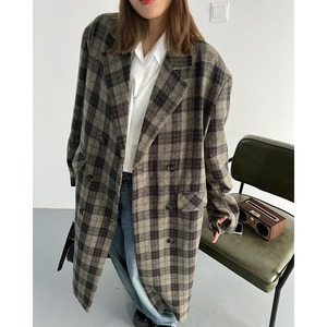 Check double breast long coat＊S-181