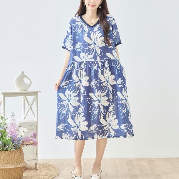 TRUBE ワンピース コットン フラワープリント Vネック 花柄 N82-534 ネイビー M L fmsd ロング丈 夏 涼しい ナチュラル ゆったり 体型カバー ミセス 春夏 きれいめ 大人カジュアル上品 リゾート