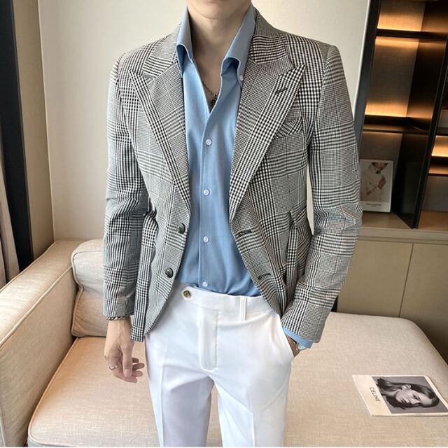 【予約販売】ジャケット 千鳥格子柄 個性的 ウエストマーク ジャケット メンズ ドレスアップ シック こなれ感 お洒落 パーティー 結婚式 二次会 パーティー エレガント 韓国 大きいサイズ 春 秋 冬 M/L/XL/2XL/3XL