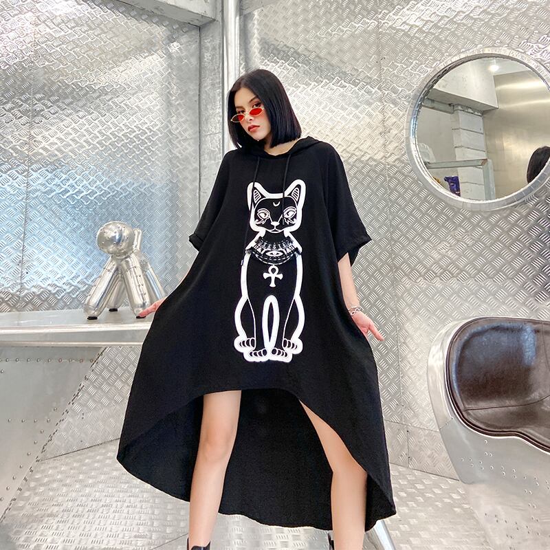 ショートバックロングドレス サマープリント柄ルーズ薄手ブラックTシャツ スカート 夏物 ラブタオタオダレンハウス58110344177