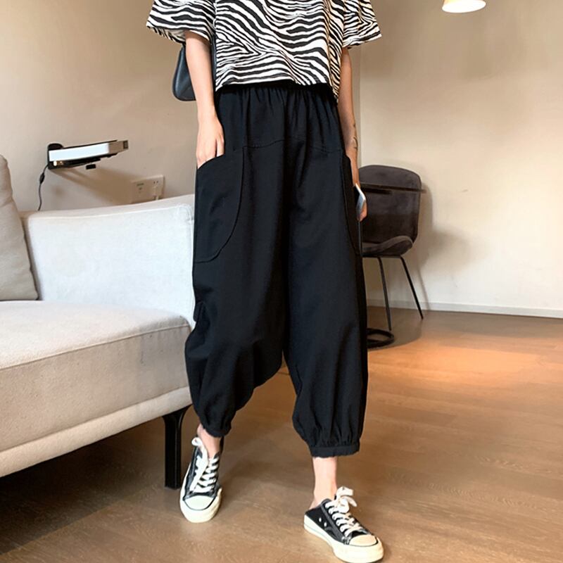 ブラッククロップドサマー薄手パンツ ウェストスリムルーズカジュアル 夏物 スーパーモール56434000858